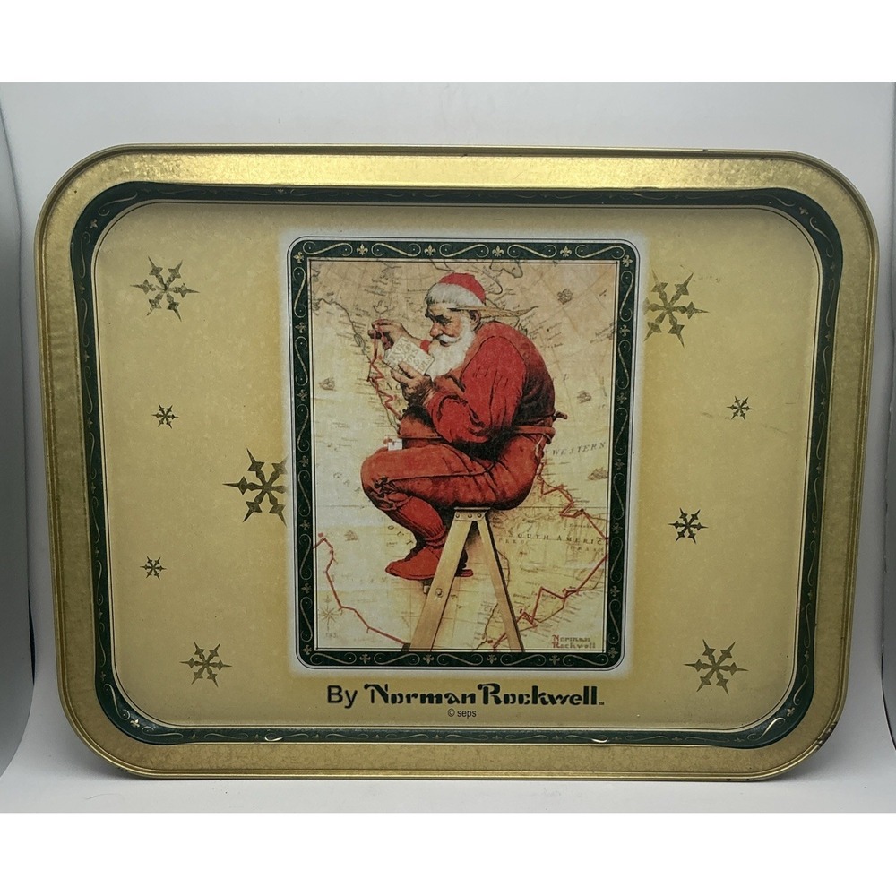 Vintage Norman Rockwell "Santa at the Map" Christmas Tin Serving Tray SEPS